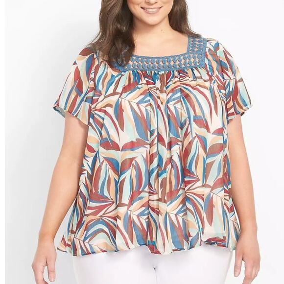 Lane Bryant Square-Neck Boho Top Womens Size 14/16 Teal Brown & Burgundy Leaf - Picture 1 of 9